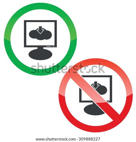 Allowed and forbidden signs with cloud and down arrow on monitor, isolated on white