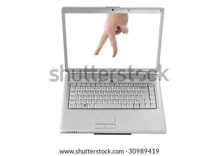 An isolated to white image with clipping paths of a laptop with a hand showing "walking fingers" on the screen