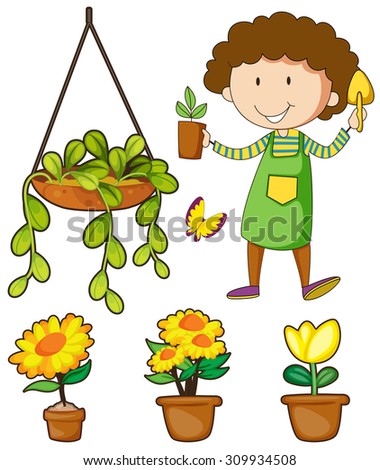 Gardener and potted plants illustration