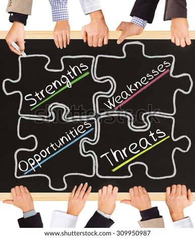 Photo of business hands holding blackboard and writing SWOT diagram