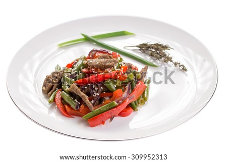 Asian food roasted beef with vegetables  isolated on white background