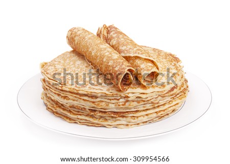 A stack of Dutch pancakes on a plate, isolated on a white background.