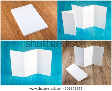 identity design, corporate templates, company style, set of booklets, blank white folding paper flyer on wooden background