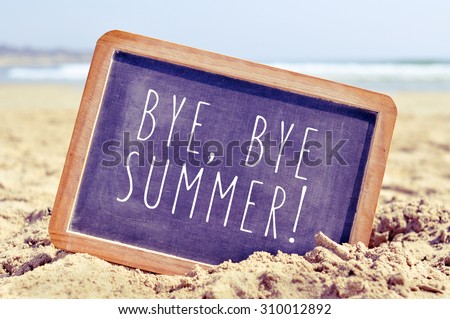 closeup of a chalkboard with the text bye, bye summer written in it, on the sand of a beach Royalty-Free Stock Photo #310012892