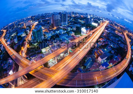 Bangkok Expressway and Highway top view during twilight time , Thailand Royalty-Free Stock Photo #310017140