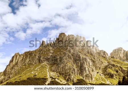 Pordoi pass mountain and Marmolada mountain. Dolomites, Italy - photo with filter