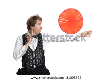 Performer show his juggler ability. Isolated on white background