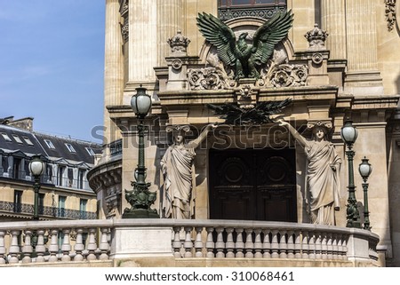 Architectural details of Opera National de Paris: West facade. Grand Opera (Garnier Palace) is famous neo-baroque building in Paris, France - UNESCO World Heritage Site.