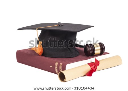 Graduation Hat with Diploma,Judge gavel and book isolated Royalty-Free Stock Photo #310104434