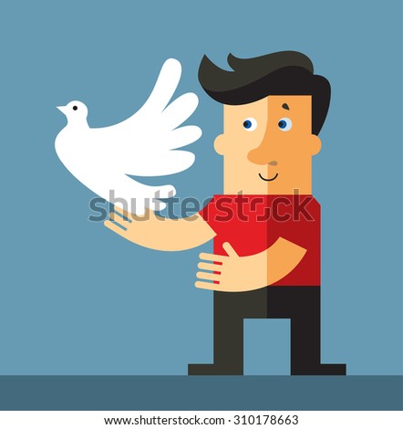 International day of peace. Man with white dove. Flat style vector illustration