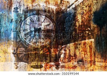 The old clock on the background of rust (double exposure)