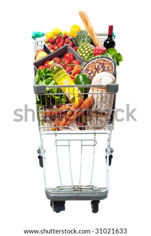 A frontal view of a shopping trolley filled with a selection of fresh food Royalty-Free Stock Photo #31021633
