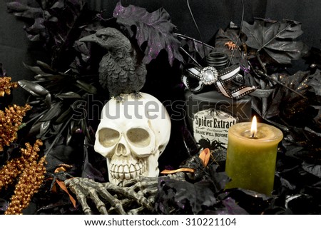 Scary and creepy Halloween decorations of  skulls, ravens and magic potions
