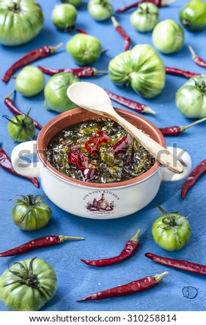 Jam with green tomato and chili   