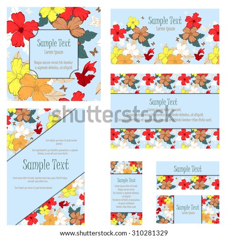 Greeting Invitation Card Set for  Wedding, Birthday and Other Events. Floral and Butterflies Design. Very Cute, Color Balanced and Elegant Design. Vector illustration. 