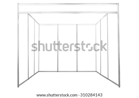 Trade booth system and blank roll standard size 3x3 meters empty space with blank banner isolated on white background