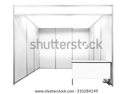 Trade booth system and blank roll standard size 3x3 meters with blank banner and banner table isolated on white background