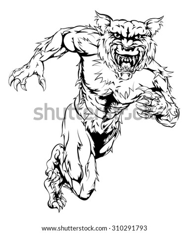 A werewolf wolf man character or sports mascot charging, sprinting or running