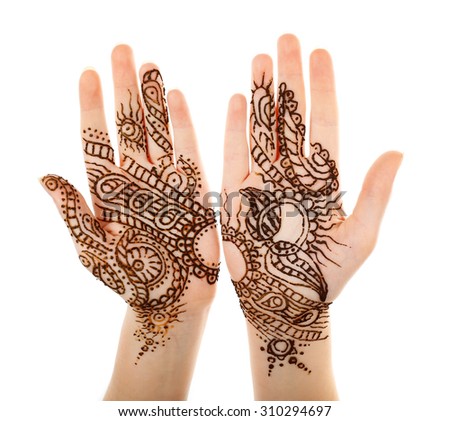 Image of henna on female hands isolated on white