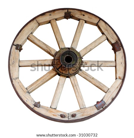 Isolated old wood coach wheel on a white background
