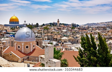 Jerusalem panoramic roof view to christians, jewish and muslims sacred places Royalty-Free Stock Photo #310344683