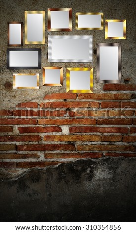 silver gold frame on the Old grunge brick wall. text box. art