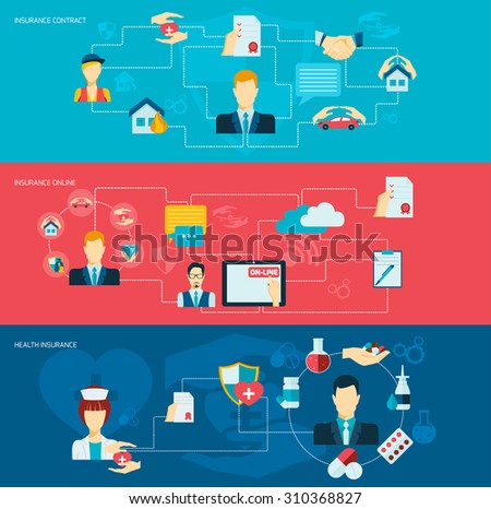 Insurance banner flat set with contract property online health care symbols isolated  illustration