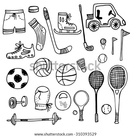doodle set of sports equipment. hand drawn vector illustration.