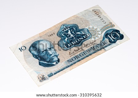 10 Norwegian krone bank note. Norwegian krone is the national currency