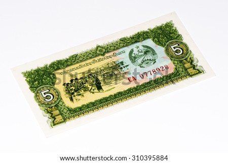 5 kip bank note. Kip is the national currency of Laos.
