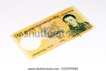 20 ngultrum bank note of Bhutan. Ngultrum is the national currency of Bhutan