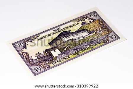 10 ngultrum bank note of Bhutan. Ngultrum is the national currency of Bhutan