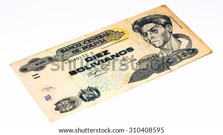 10 bolivianos bank note. Bolivianos is the national currency of Bolivia
