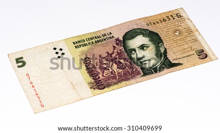 5 Argentinian peso bank note. Argentinian peso is the national currency of Argentina