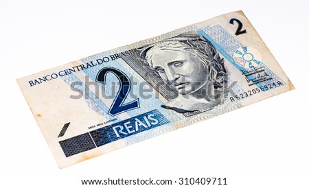 2 Brasilian reals bank note. Real is national currency of Brasil