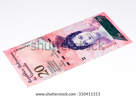 20 Venezuelan bolivares bank note. Bolivares fuertes is national currency of Brasil
