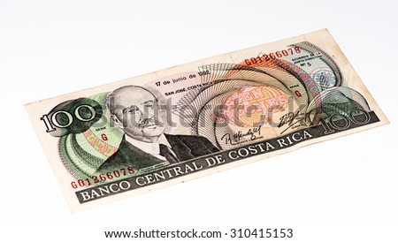 100 Costa Rican colones bank note. Colones is the national currency of Costa Rica