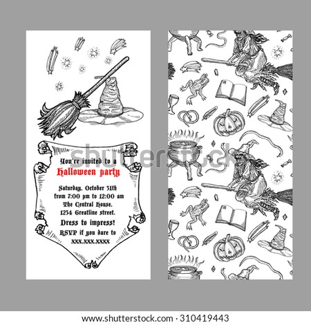 Medieval engraving style Halloween invitation. Ink line illustration with animals, objects and characters for Halloween. 