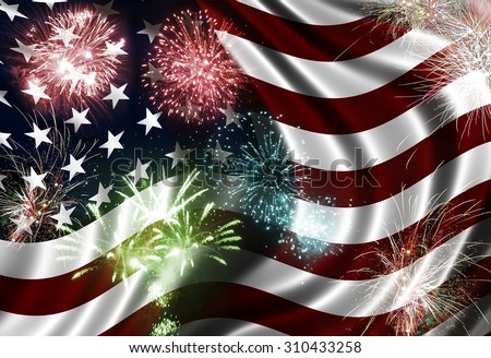 Waving flag of USA and festive firework
