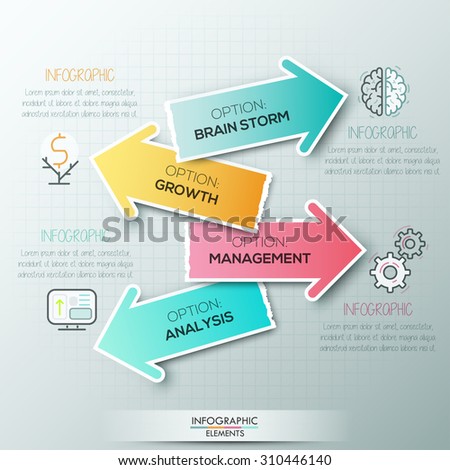 Modern infographics options banner with 4 colorful paper arrows and icons. Vector. Can be used for web design and  workflow layout