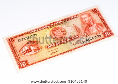 10 soles de oro bank note. Soles de oro is the national currency of Peru