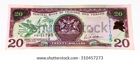20 Trinidad and Tobago dollar bank note. Trinidad and Tobago is the national currency of this country