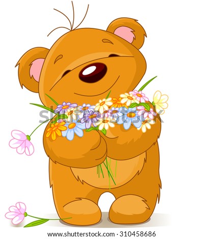 Cute little Teddy bear giving a bouquet