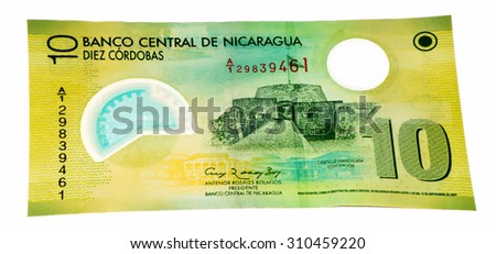 10 Cordobas bank note. Cordoba is the national currency of Nicaragua