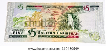 5 Eastern Caribbean dollars bank note.