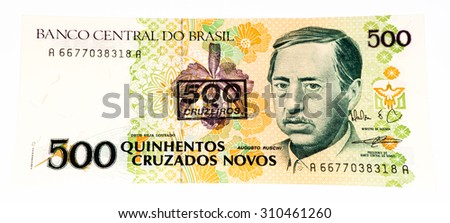 500 Brasilian cruzados novos bank note. Cruados is the former currency of Brasil