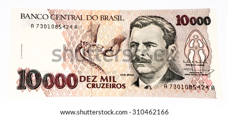 10000 Brasilian cruzeiro bank note. Cruzeiro is the former currency of Brasil