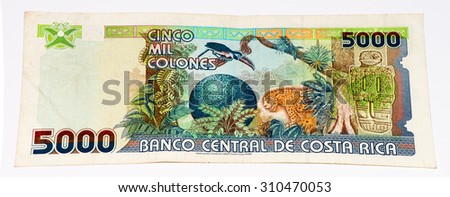 5000 Costa Rican colones bank note. Colones is the national currency of Costa Rica