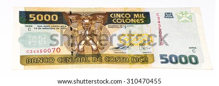 5000 Costa Rican colones bank note. Colones is the national currency of Costa Rica