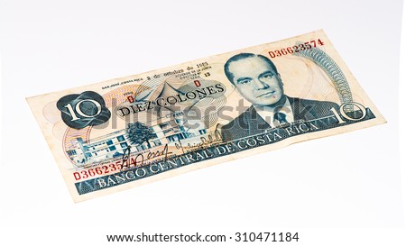 10 Costa Rican colones bank note. Colones is the national currency of Costa Rica